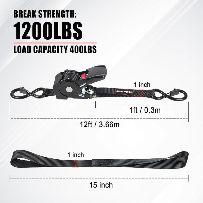 Masterwise 12FT Retractable Ratchet Straps, Motorcycle Tie Down Straps with S Hooks, Self Heavy Duty Ratchet Straps Include Loops for Trucks, Cargo, Motorcycles, Moving and Storage, 2 PCS - Image 2